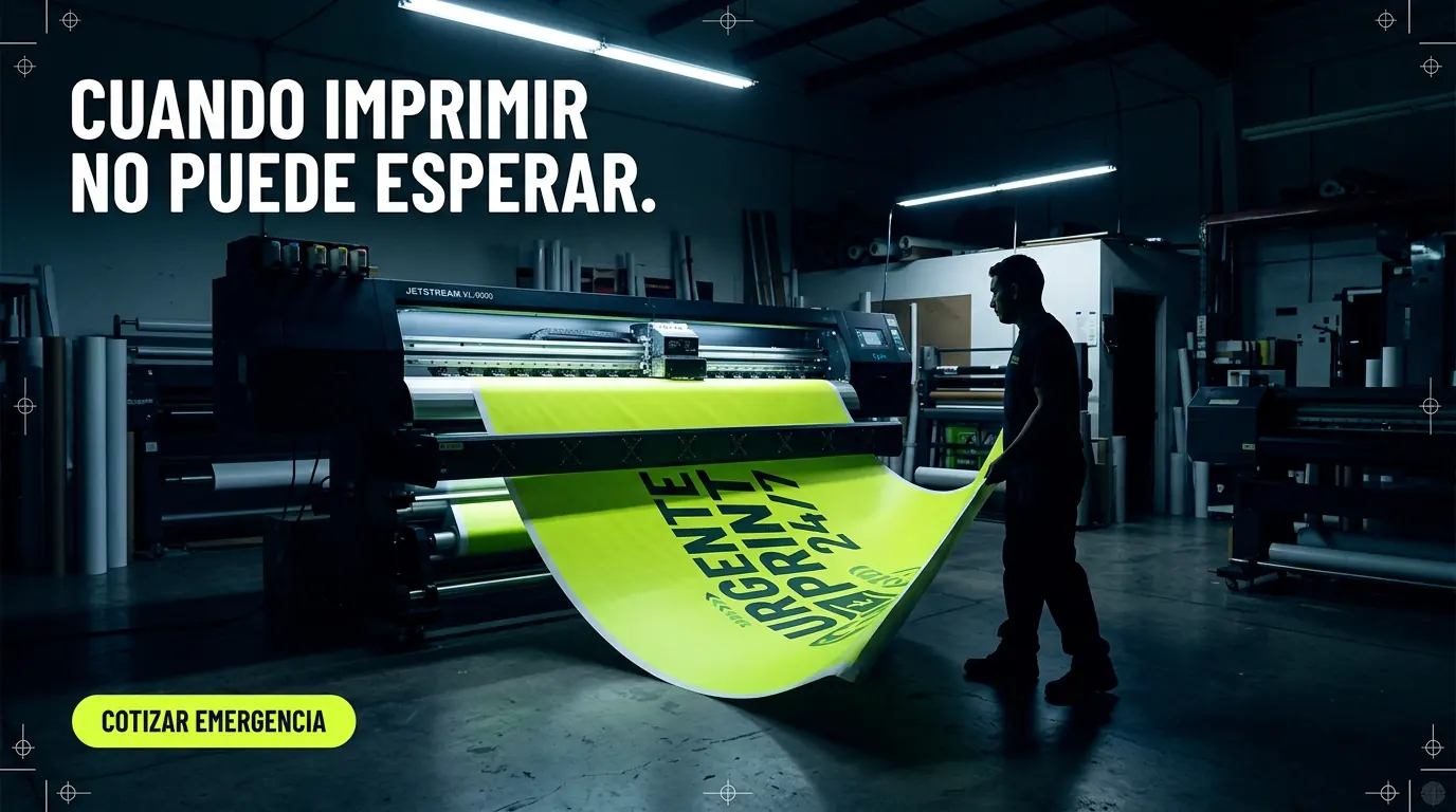 Impresora de gran formato produciendo una lona lima urgente 24/7